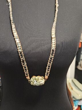 Multicolor Beaded Necklace with Natural Stone Pendant in Green and Black